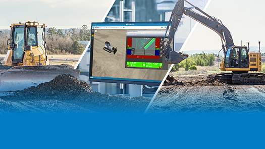 "A split-screen image showcasing construction machine control technology: on the left, a bulldozer leveling soil at a construction site under a clear sky; in the center, a digital display showing real-time 3D terrain data for machine control; on the right, an excavator performing precise grading work in a similar outdoor setting."