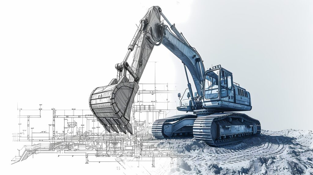 This image showcases a highly detailed, artistic rendering of an excavator on a construction site, integrated with advanced machine control model technology. The backdrop features blueprints and engineering drawings, suggesting precision in the planning and execution of the construction project. Prominent machine control systems like Topcon and Leica could be associated with the depicted technology, highlighting their role in enhancing accuracy and efficiency in heavy construction equipment operations.