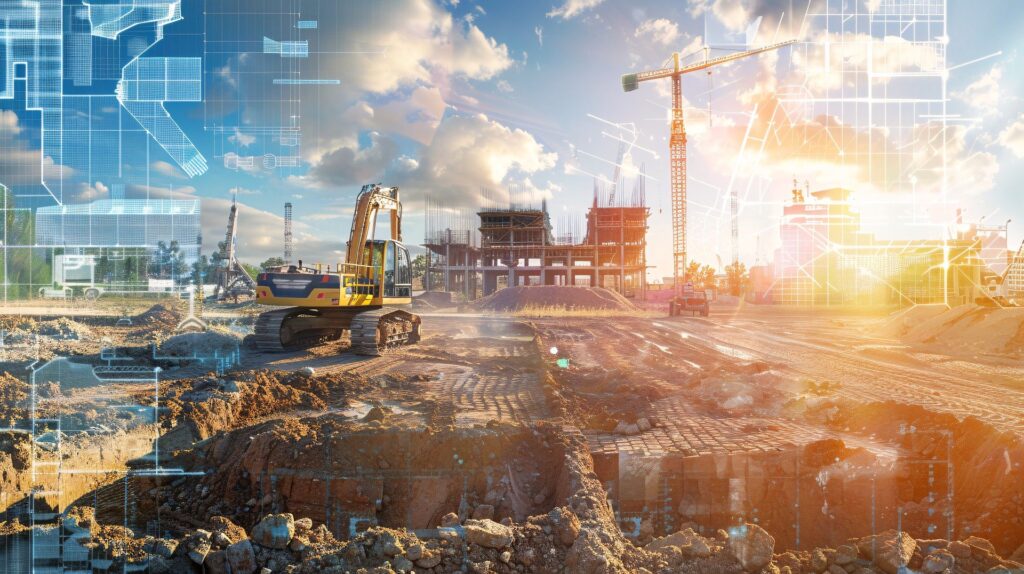 Dynamic construction site featuring an excavator equipped with a Topcon and Leica machine control model, depicted under a clear sky with digital blueprints highlighting the precision and efficiency of modern GPS technology in construction.