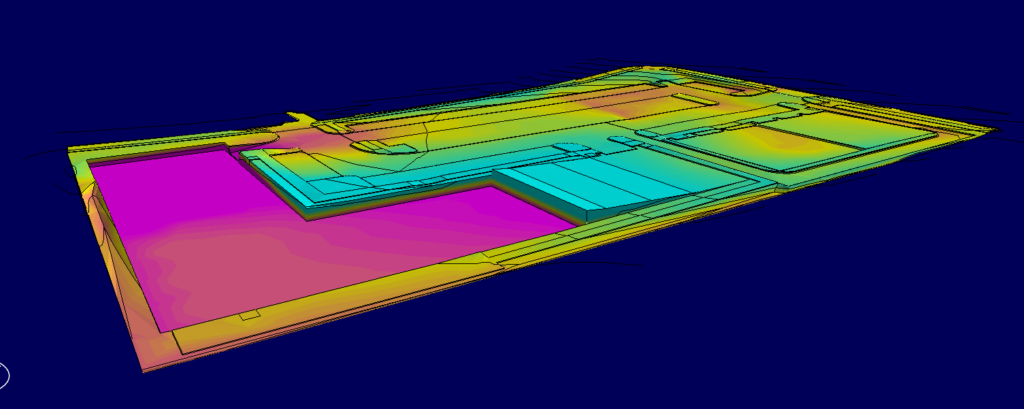 3D machine control model showing site grading elevations in color-coded cut/fill zones.